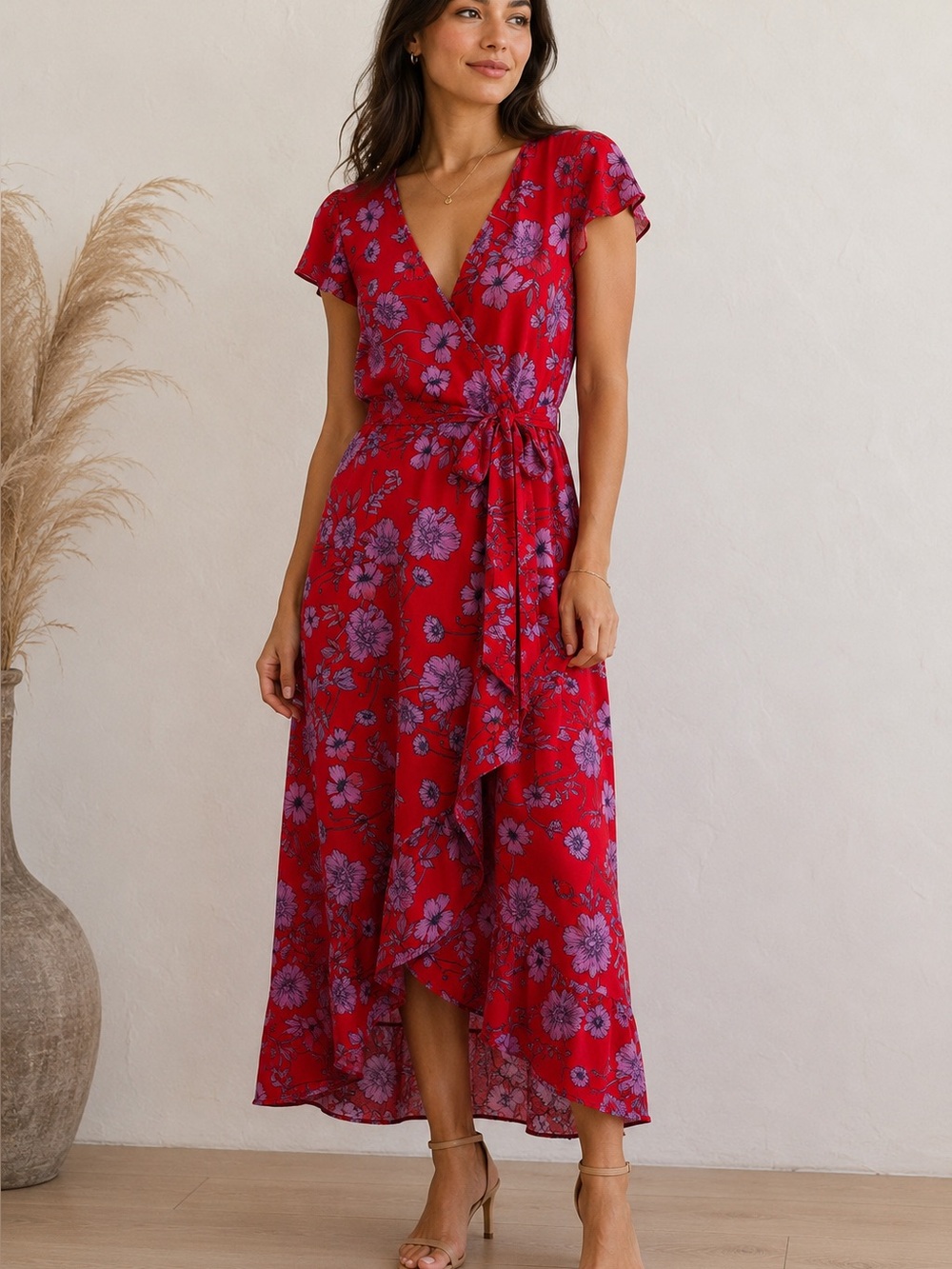 Band of the Free Red Pink Floral Wrap Midi Dress Tie Back Cotton Rayon Size M